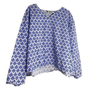 Ella Simone Plus Size 1X Blue/white Print Long Sleeve 100% Cotton Top Resortwear